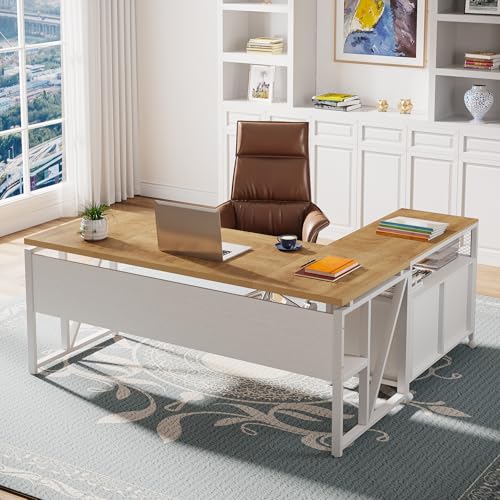 Image of Tribesigns L Shaped Desk with Drawer Cabinet, 63 inch Executive Computer Desk and lateral File Cabinet, 2 Piece Home Office Furniture with Drawers for Hanging, Doors with Locks (Light Walnut, 63 inches)