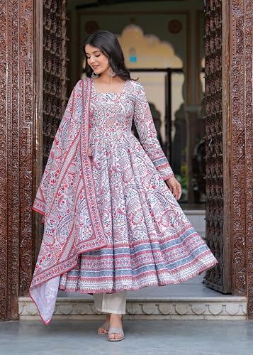 Image of Cotton Anarkali Shiffly Work with Floral Printed Anarkali Kurta Pant with Dupatta
