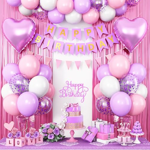 Image of Pink Purple Birthday Decorations For Girls, Birthday Birthday Balloons Set