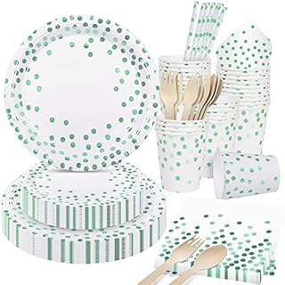 DN DENNOV Green Dots Party Paper Tableware 24 Guest Green Party Supplies,Party Tableware with Paper Plates Napkins Cups Forks Spoons for Birthday,Baby Shower, Wedding, Jungle Safari Party Decoration