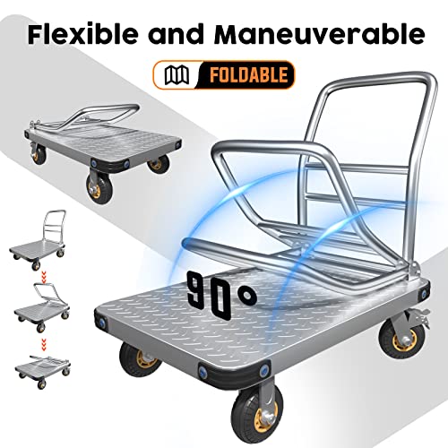 Heavy Duty Platform Truck Flat Cart Hand Trucks,2000Lbs Steel Push Cart Dolly With Brake Design, 36 X 24In Large Flatbed With 5'' 360 Degree Swivel Wheels For Easy Storage #TOP6