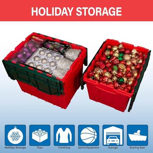 Akro-Mils KeepBox 12 Gallon Storage Container, Nesting and Stackable Plastic Storage Box with Lid Attached, Organizer Tote for Garages, Closets, and Moving, 21-1/2" x 15" x 12-1/2", Red/Green by Akro-Mils - Image 4