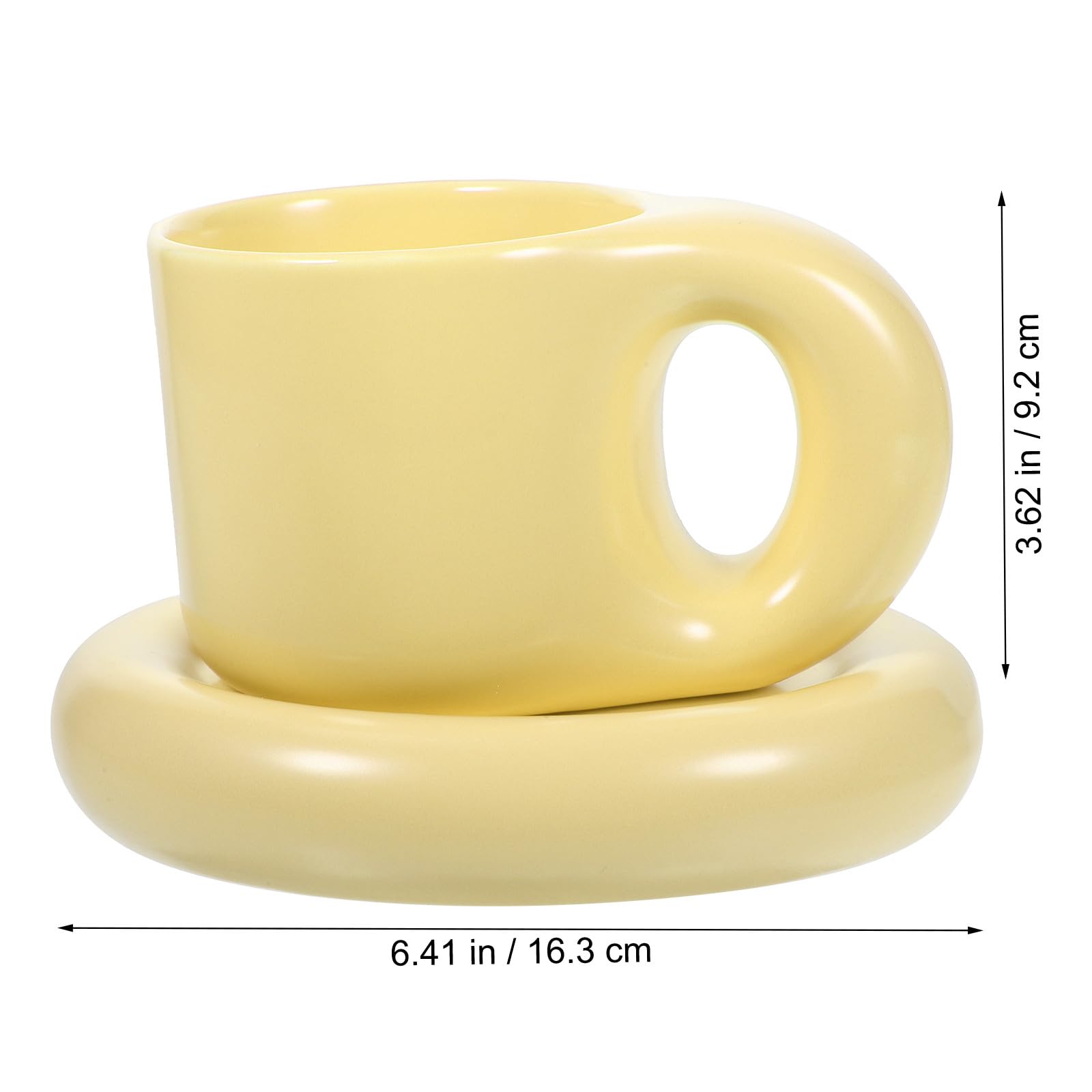 Keramik Kaffeetasse mit Untertasse 300ml Gelb Cappuccino Tassen Satz für Zuhause und Büro ohne Grate mit Glatten Runden Kanten Stilvoll und Praktisch