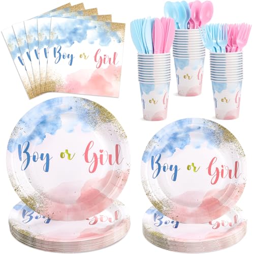 Xiangqu 175 Pcs Gender Reveal Decorations Boy or Girl Gender Reveal Games Includes Gender Reveal Paper Plates Napkins Cups Plastic Cutlery for Baby Reveal Party Serves 25
