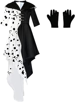 Women Black White Costume Dress, Classic Movie Cosplay Full Set with Gloves Halloween Cosplay US Size