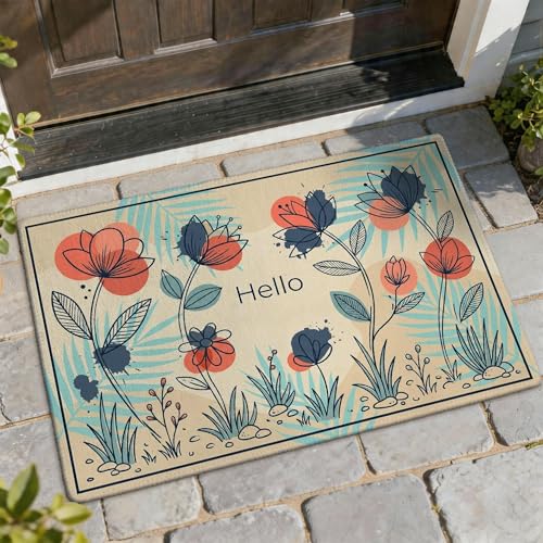 Felpudo de bienvenida con diseño de flores, diseño floral moderno de hojas, color rojo, antideslizante, atrapasuciedad, para decoración del hogar, entrada, porche al aire libre, balcón, 29 x 17
