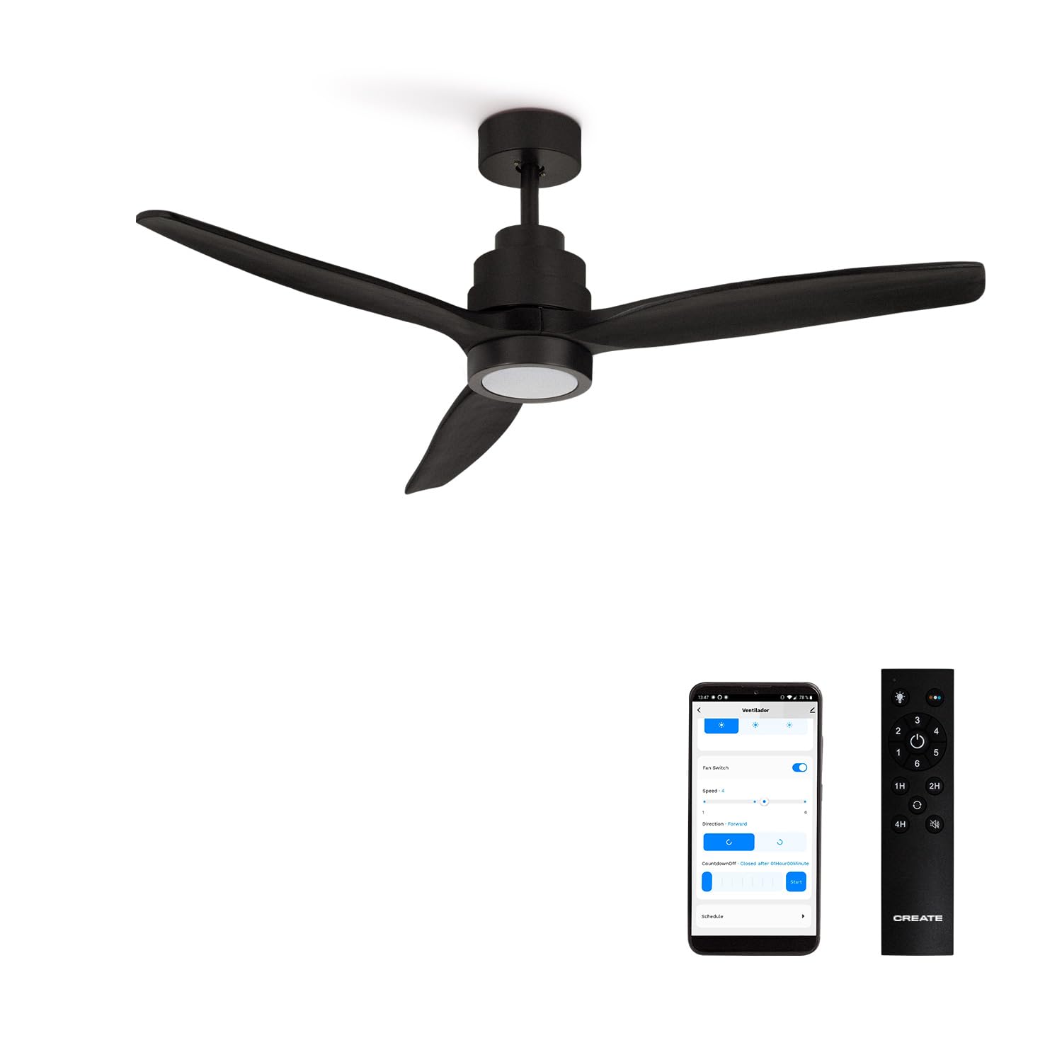 CREATE / WINDSTYLANCE S/Ventilador de techo con luz negro con Wifi y mando / 40W, Silencioso, Ø112 cm, 6 velocidades, temporizador, función verano-invierno, doble altura