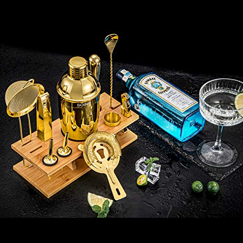 Soing 11-Piece Gold Bartender Kit,Perfect Home Cocktail Shaker Set For Drink Mixing,Stainless Steel Bar Tools With Stand,Velvet Carry Bag & Cocktail Recipes Cards (Gold) #TOP3