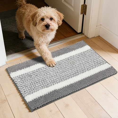 Fogkiss Dog Door Mat for Muddy Paws - Absorbent Quick-Dry Non-Slip Washable Chenille Pet Rug, Indoor Entryway Mat for Front Door & Crate (Gray White, 24" L*16" W)