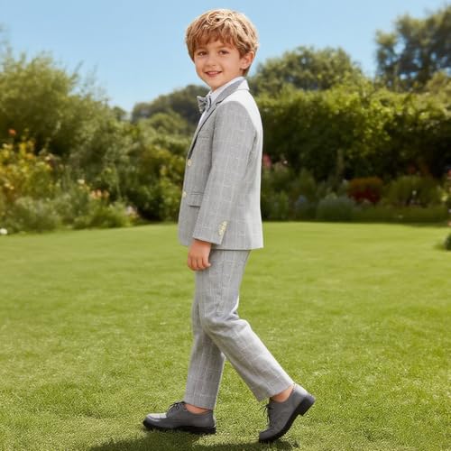 Image of LOLANTA Boys Suit Wedding Ring Bearer Outfit Kids Formal Wear Dress Clothes | Boy 3-Piece Plaid Suits, Sport Coat Blazer and Pants Set with Adjustable Bow Tie, Gentleman Birthday Party Graduation Outfits