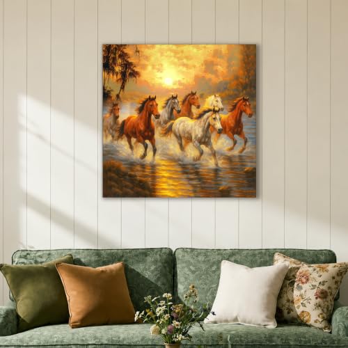 Image of PAINTINGMANTRA 7 Running Horses Vastu Stretched Canvas Painting For Living Room Seven Horses Vastu Wall Art Painting Symbol of Success Wall Art for Home & Office, 22x22 Inch