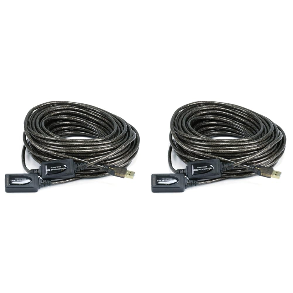 Monoprice USB 2.0 Extension Cable - USB Type-A Male to USB Type-A Female, Active, Repeater, 26/22AWG, 65 Feet, Black (Pack of 2)