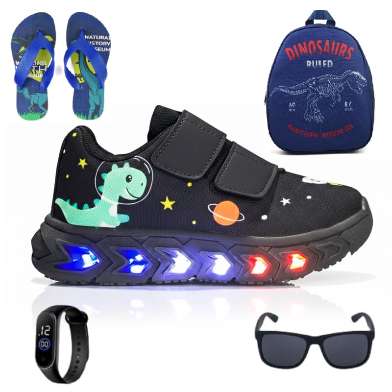Kit Premium com Tênis de Led Infantil para Meninos Dino Confortável + Mochila + Chinelo Leve + Relógio + Óculos