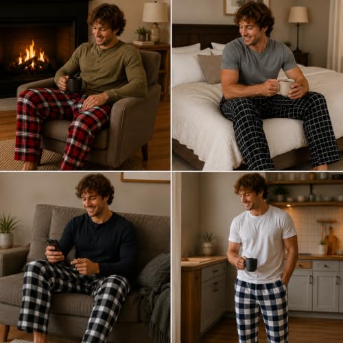 Image of Essential Elements Mens 3 Pack PJ Cotton Flannel Plaid Pajama Lounge Pants | Soft Brushed Warmth With an Elastic Waist, Classic Patterns for Cozy Sleep, Relaxing and Everyday Wear