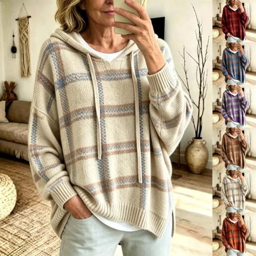 Plaid Sweaters for Women Oversized Knit Long Sleeve Casual Hooded Pullover - image 3