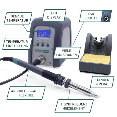 QUICK Estación de soldadura de alta frecuencia 3205 ESD regulable digitalmente, 150 W, incluye soldador con punta de soldadura de 5 mm y accesorios, 100°-550 °C, calibrable, 3 memorias fijas, modo de - imagen 8