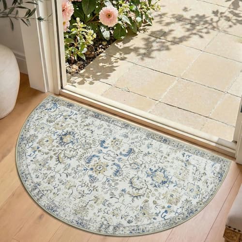 jinchan Kalen Vintage Floral Washable Area Rug 2x3 Half Circle Entryway Rug Low Pile Half Moon Doormat Soft Non Slip Dirt Trapping Carpet for High Traffic Kitchen Bathroom Distressed Blue