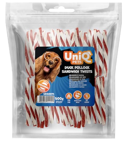 UniQ Pets Varillas para masticar con pato y bacalao, 500 g, sin gluten, sin gluten, para perros pequeños y grandes