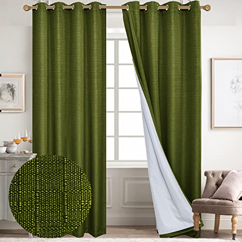 Diraysid 100% Blackout Curtains Olive Green Linen Curtains for Bedroom Grommet Thermal Insulated Room Darkening Drapes (2 Panels, W52 x L84 Inch)