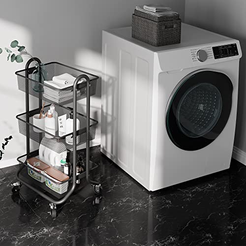 Designa 3-Tier Rolling Utility Cart Storage Shelves Multifunction, Metal Mesh Baskets, Pantry Cart With Lockable Wheels, Black #TOP5