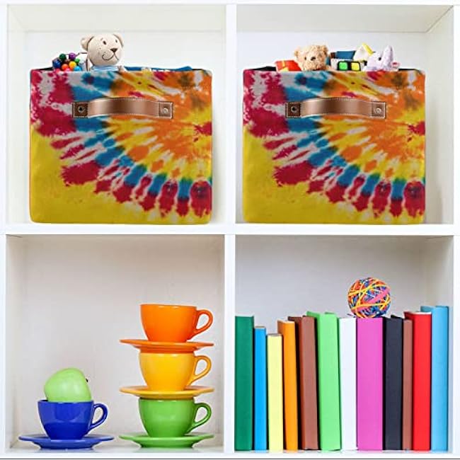 susiyo Red Yellow Orange Blue Tie Dye Rainbow Swirl Storage Bins, Decor Collapsible Canvas Storage Basket for Shelves Closet - 1 Piece