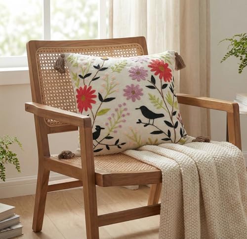 Image of Furnistitchs Handmade Cotton Bohemian Home Decor Cushion Cover 24x24 inches / 60x60 cms - Boho Chic Couch Sofa Throw Living Room Bedroom Cushions (2, Floral Birds)