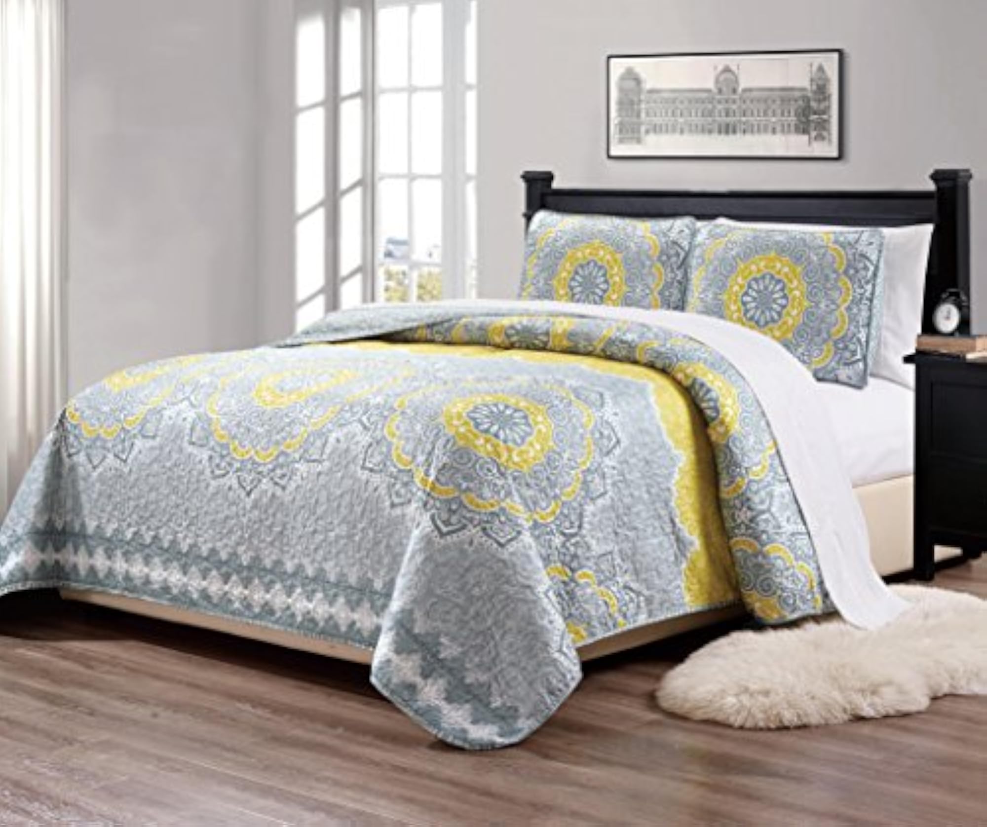 3pc Over Size Quilted Bedspread Set, Floral Design