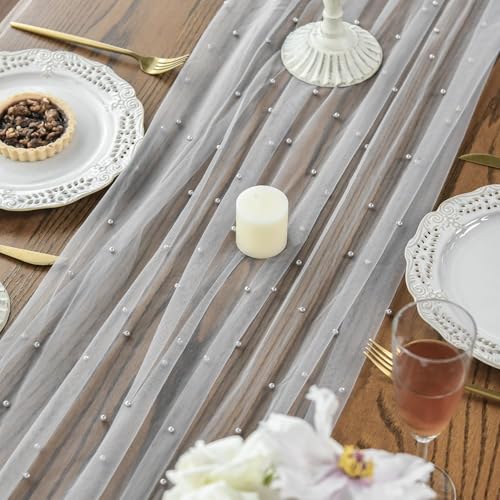 Artoid Mode Pearl Grey Gauze Table Runner 70x300 cm, Seasonal Sheer Cheesecloth Dining Holiday Birthday Table Decor for Home Party - Cosy Home Interiors Artoid Mode Pearl Grey Gauze Table Runner 70x300 cm, Seasonal Sheer Cheesecloth Dining Holiday Birthday Table Decor for Home Party - Image 3