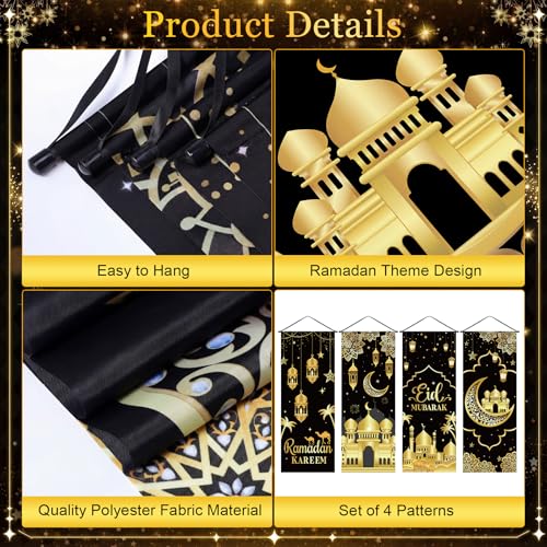 Image of Panelee 4 Pcs Ramadan Mubarak Porch Sign Banners Black Gold Eid Mubarak Decorations Muslim Ramadan Kareem Door Banner Backdrop for Home Doorway Indoor Outdoor Wall Hanging Decor