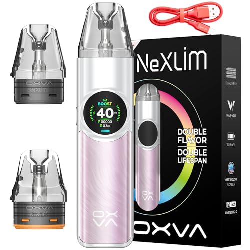 Oxva NeXLIM Vape Kit (Pearl Pink) Compatible With Oxva Nexlim Pods 0.6 0.8 1.2 ohms, OXVA Vape Pod Kit Refillable Vaping Kit - Dual Mesh Pod - 1500mAh Battery, 40W, Dual Mesh, No Nicotine