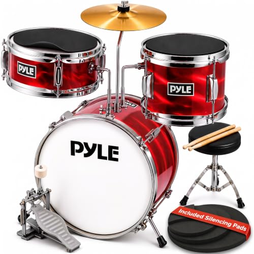 Image of Pyle Kids Drum Set, 3 Piece Beginner Junior Drummer Kit with 13 inch Bass Drum, Snare, Tom, Cymbal, Adjustable Throne, Mutes, Drumsticks, Red