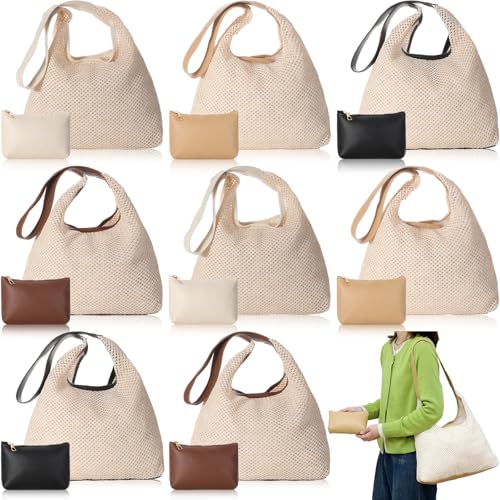 Image of Dansydaisy 8 Pieces Large Tote Bags Bulk, Straw Tote Bag Summer Woven Beach Tote with Pocket Bag, for Women Shopping Bridesmaid Gift Bags