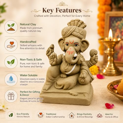 Image of Clay Ganesh Idol, 4 Inches Height, Water Soluble Ganpati Murti for Ganpati Visarjan (Small) (Natural Brown - Pagri Ganesha)