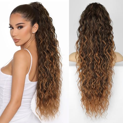 KooKaStyle Brown to Auburn Curly Synthetic Drawstring Ponytail Extension