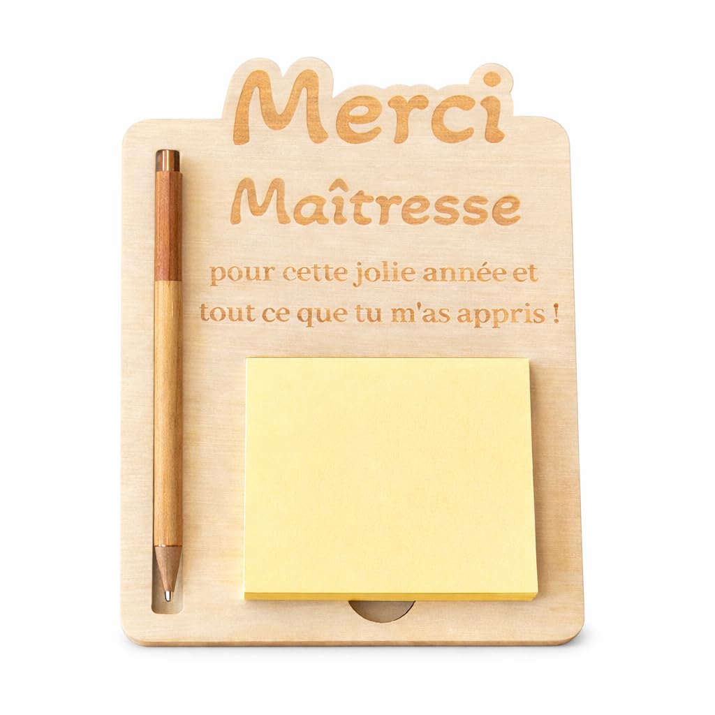 Support Post-it Personnalisé en Bois avec Stylo – Cadeau Maîtresse Fin d’Année Scolaire – Support Bureau avec Bloc de Post-it