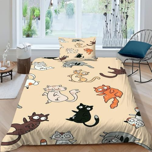 Parure de couette chat 2 pièces en microfibre 135x200cm pour lit simple