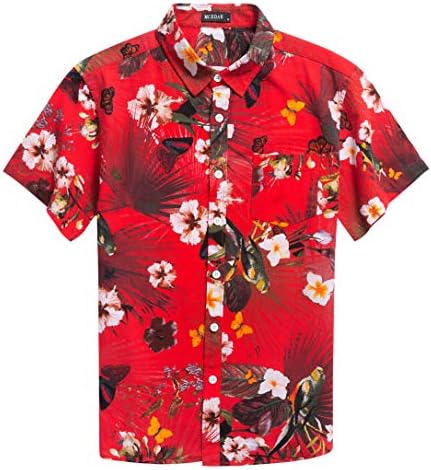 MCEDAR Men's Hawaiian Short Sleeve Shirt Aloha Flower Print Casual Button Down Standard Fit Beach Shirts (Small, RED 508-4)