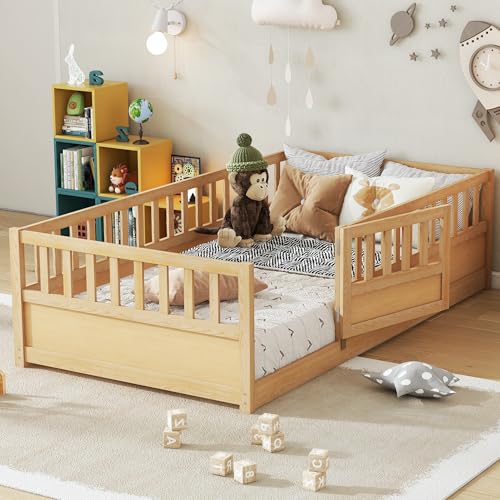 Image of Bellemave Twin Size Kids Montessori Floor Bed,Solid Wood Floor Bed Frame with High Fence and Lockable Door for Kids,Girls,Boys,Twin,Natural