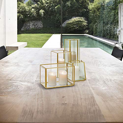 Serene Spaces Living Striped Glass Gold Trapezoid Hurricane, Candle Decorations For Living Room, Fireplace, Mantle, Dining Table, Wedding Centerpiece, Christmas, 5.5" Tall, 4.75" Long And 4.75" Wide #TOP3