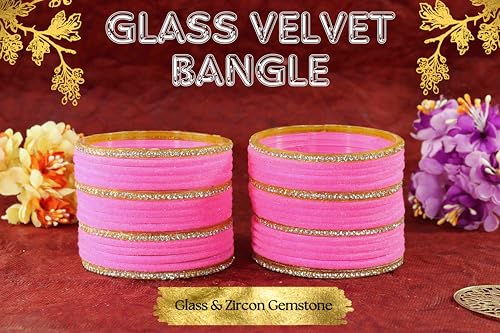 Image of NMII Fancy Glass Golden Zircon Diamond Stone & Velvet Finish Plain Bangles Set For Women & Girls | Glass Velvet Bangles | Kanch ki Chudiyan | Girl's Bangles Bracelet | Fashion Jewellery- Set of 32