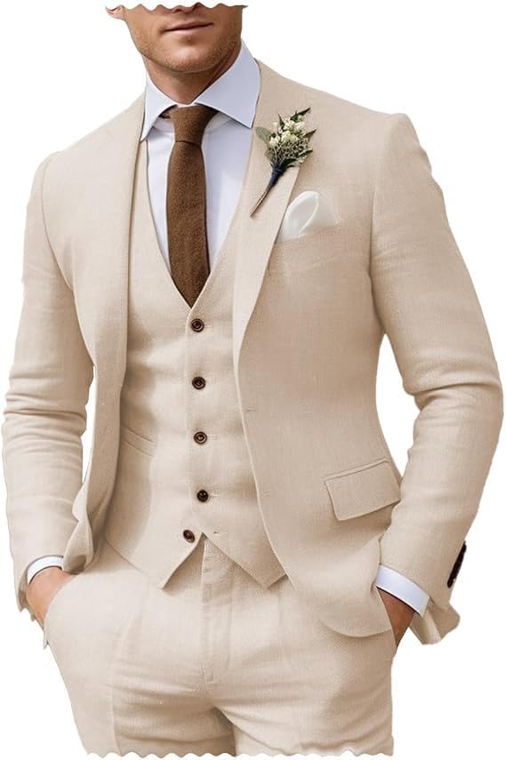 Men's Suits Slim Fit Summer 3 Pieces Beach Linen Tuxedos Blazer+Vest+Pants Wedding Grooms2
