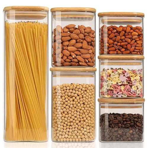 ComSaf Food Storage Containers with Airtight Lids Set of 6, Clear Glass Canister Food Jar with Sealing Lid Kitchen Pantry Storage Container for Spaghetti Pasta Sugar Flour Oat Cereal Beans, Square