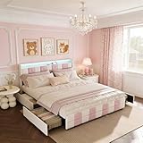 BursDany Lit Adolescente Fille 140x190 cm – Lit Princesse Fille Rembourré avec LED et USB, 4 Tiroirs de Rangement, Max. 350 kg, Velours Rose/Blanc (sans Matelas)