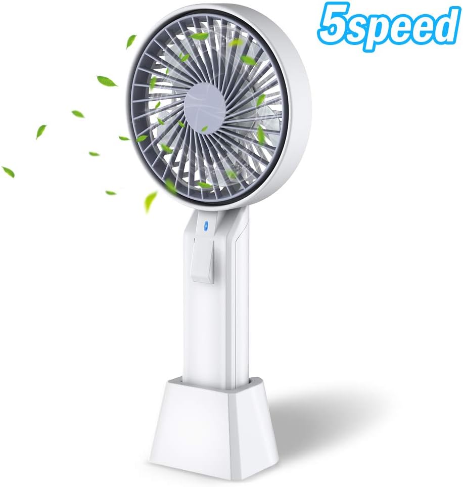 LinGear Portable Fan, Mini Handheld Fan Battery Operated Desk Fan USB Rechargeable Hand Fan, 5 Speed Electric Personal Fan with Base Strong Wind 2000mAh for Office Home Travel Outdoor White