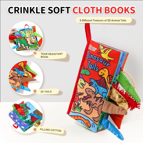 Image of Jollybaby Baby Books 0-6 Months, Touch and Feel Crinkle Soft Cloth Books for Infants Babies, Toddler Early Educational Interactive Stroller Sensory Toys, Baby Girl & Boy Gift(Dinosaur Tails)