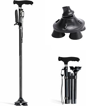 Folding Walking Cane for Seniors, Second Handle, Quad Base | Adjustable 3338 in aluminum cane with LED light, 320 lb support and self-standing non-slip base