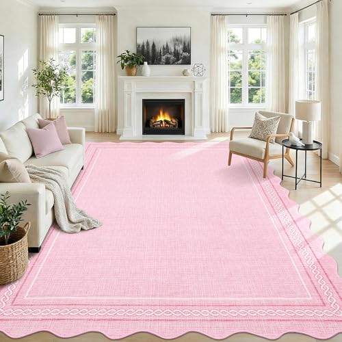 GarveeHome Washable 9x12 Area Rug for Living Room Scalloped Pink Nursery Rug Non Slip Soft Bedroom Rugs Low Pile Foldable Throw Rugs Stain Resistant C
