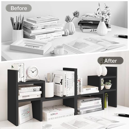 Image of Jerry & Maggie Desktop Organizer Office Storage Rack Adjustable Wood Display Shelf, Birthday Gifts Toy Home Decor Free Style Rotation Display True Natural Stand Shelf (Black)