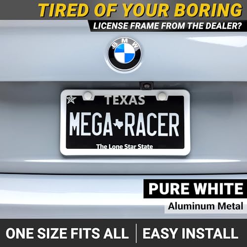 Image of Premium Slim White License Plate Frames - 2 Pack, Rust-Free Stainless Steel, Street Legal & Rattle-Free, Universal Fit with Screw Caps, Sleek Thin Metal Front & Rear Car Tag Holders for Men & Women