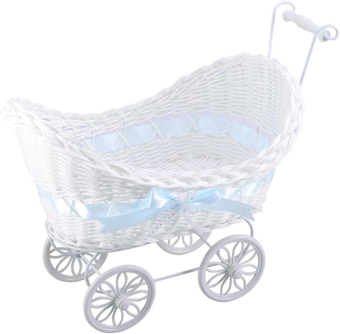 PRETYZOOM 1pc Cane Tricycles Rattan Stroller Ornament Flower Basket for Home Wedding Shower Birthday Decor Blue Knitted Craft Present
